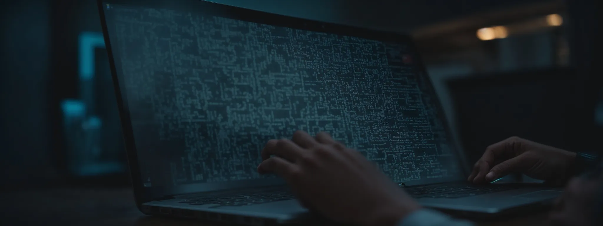 a person types on a laptop with gears and code symbols hovering around the screen, symbolizing the technical optimization of website seo.
