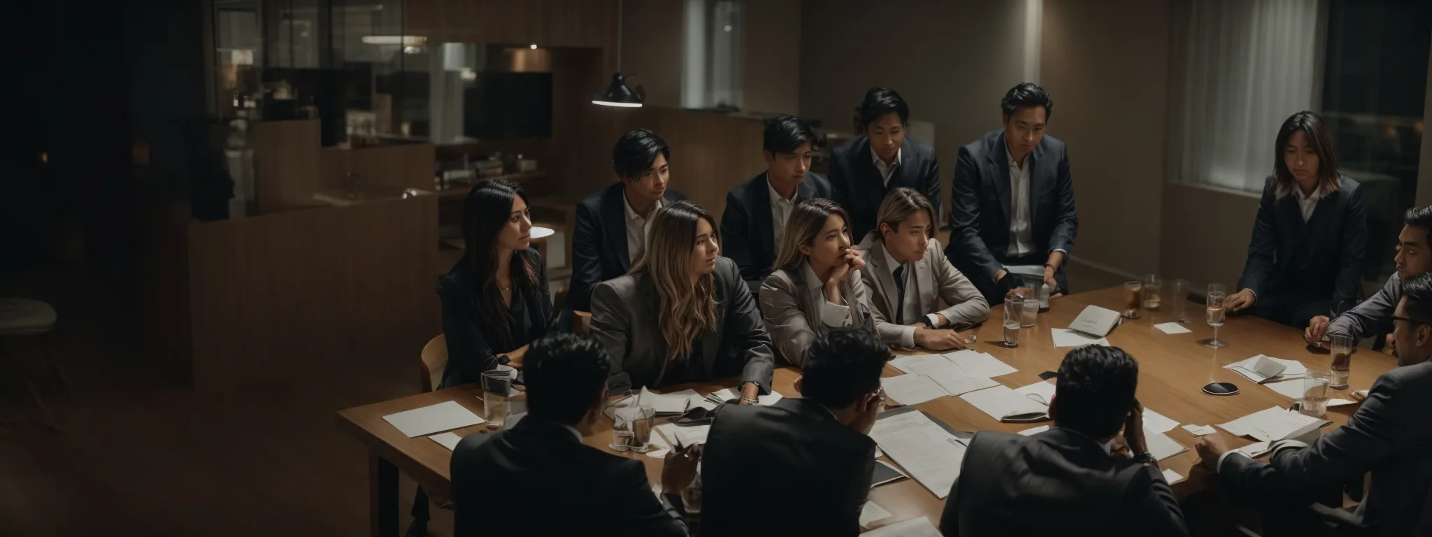 a group of professionals gathered around a table, intently discussing strategies over a large, open digital marketing plan.