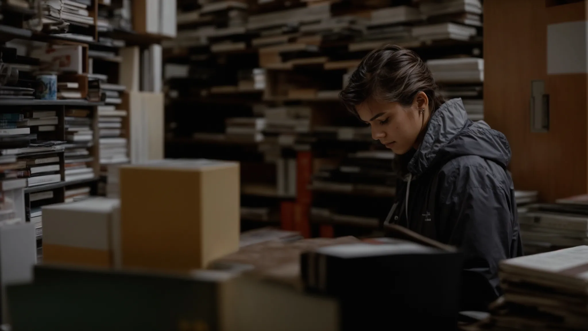 a frustrated individual staring intently at a computer screen, surrounded by thick manuals and guides.