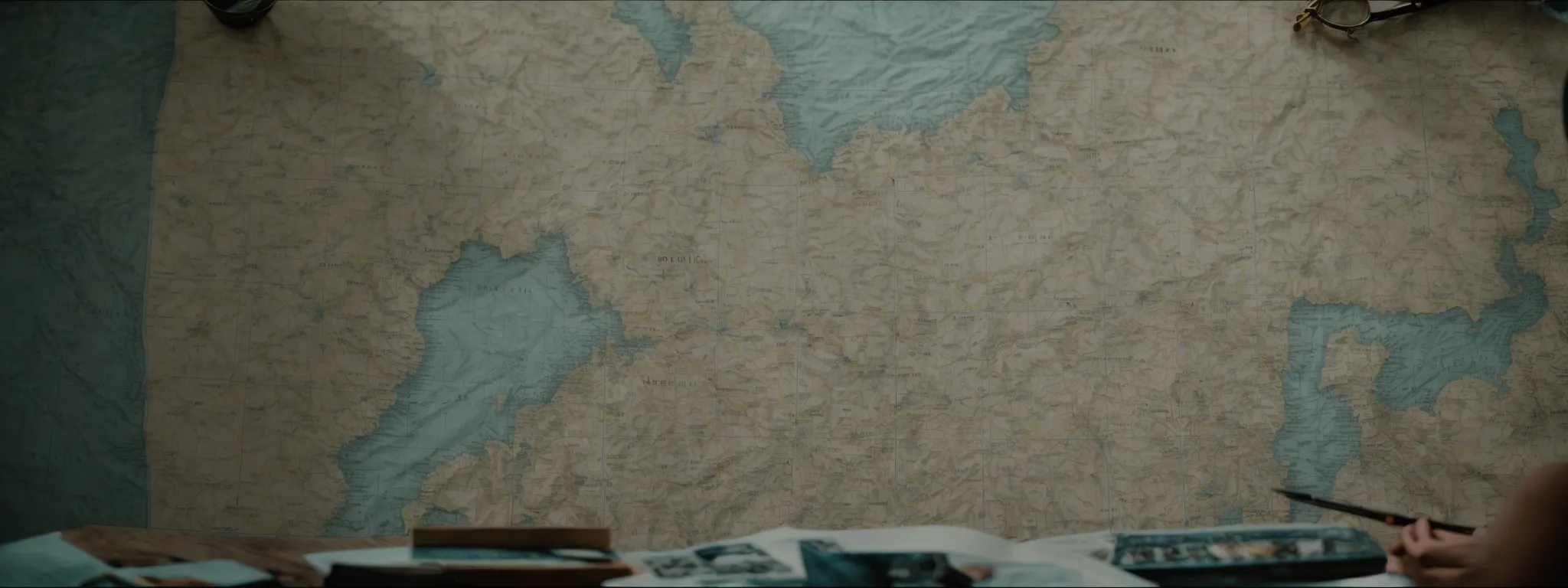 A large, detailed map is mounted on a wall above a cluttered desk with books, papers, and photographs.