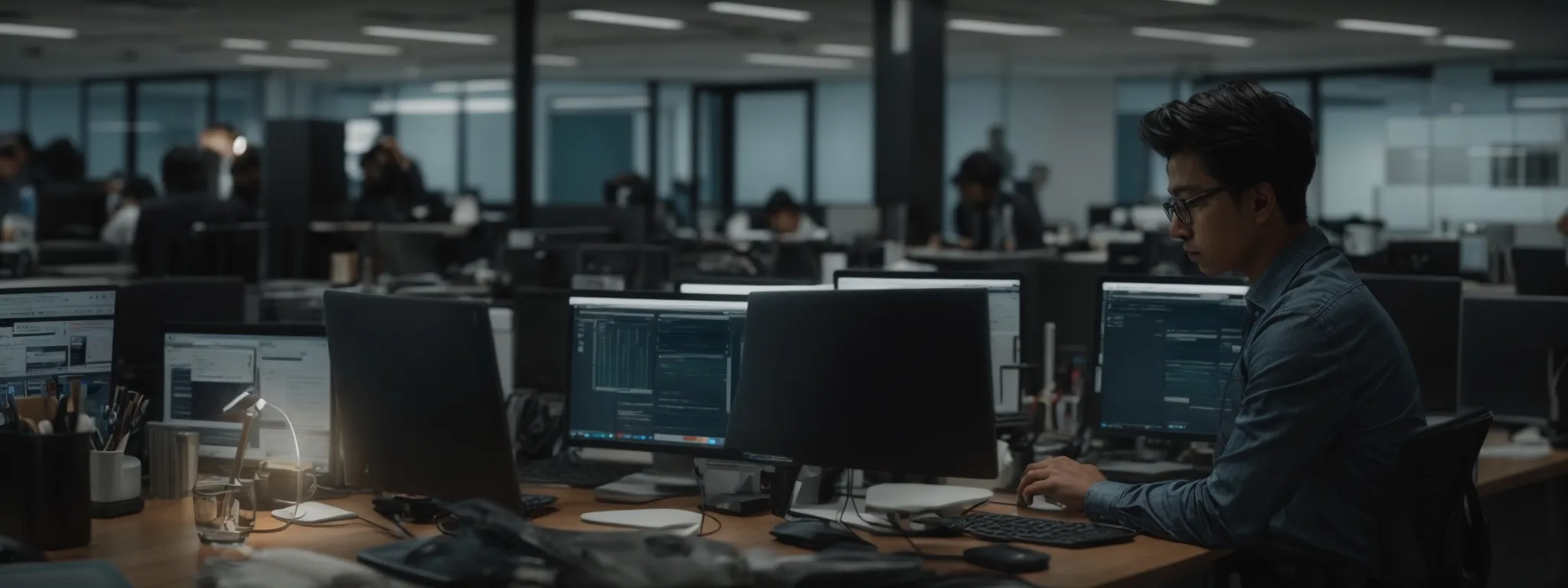 a person working intently on a laptop in a modern office, surrounded by tech devices that symbolize seo tools.