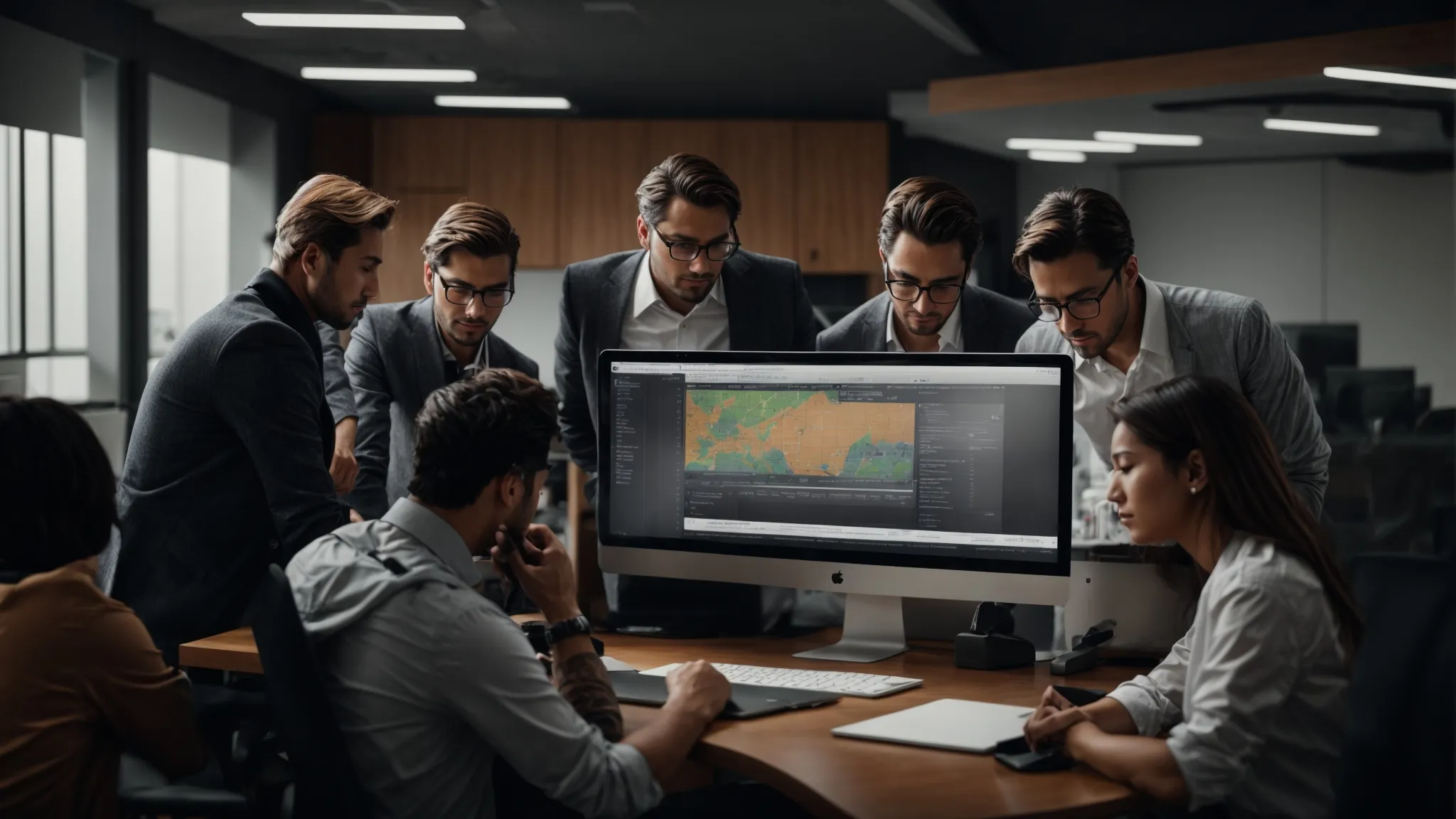 a team of professional seo experts is gathered around a computer in a modern office, analyzing website traffic data.