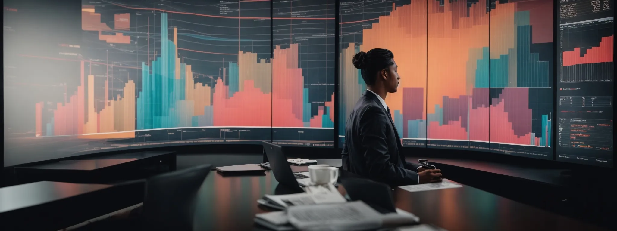 a person sits before a huge screen filled with colorful graphs and pie charts, reflecting on various pricing strategies.