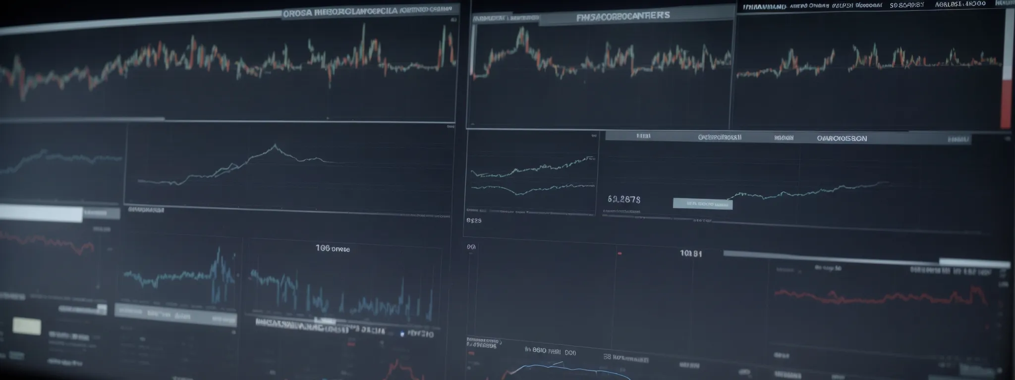 A computer screen displays multiple financial charts and graphs with various data points and fluctuating trend lines.
