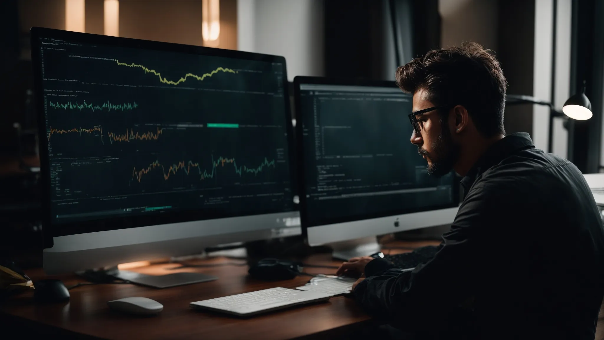 a web developer intensely studies analytics on a computer screen displaying a website's performance dashboard.
