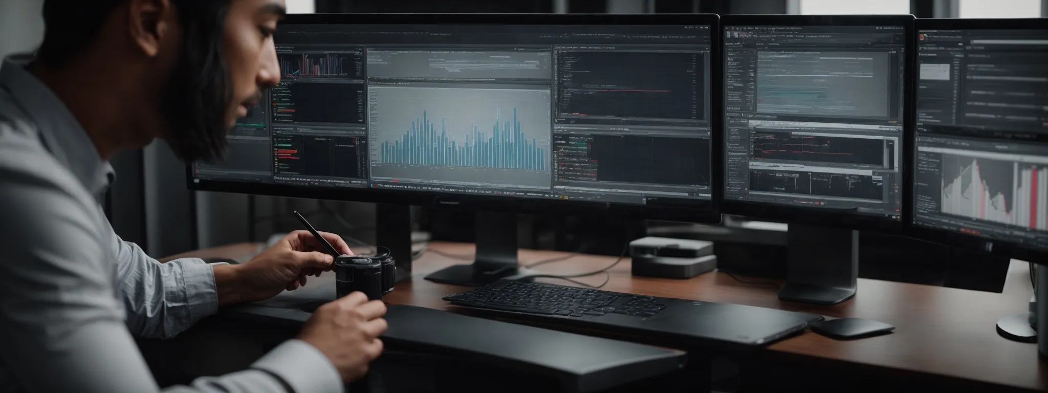 a digital marketer analyzes graphs on a dual-screen workstation, reflecting the comparison of mobile and desktop seo metrics.