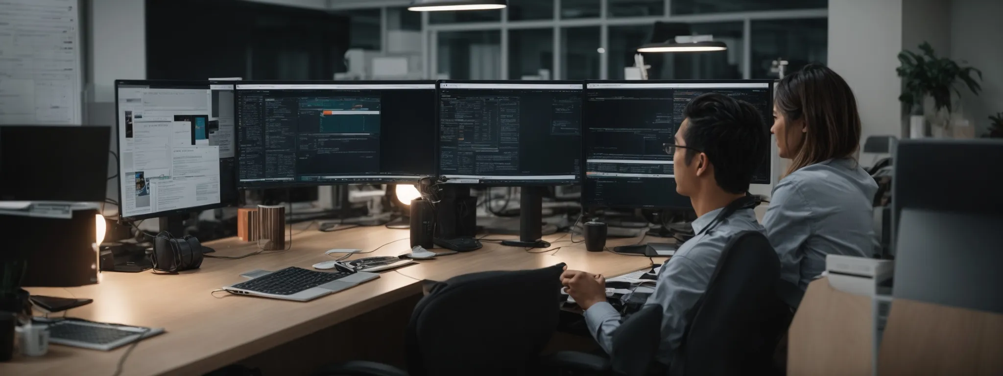 a content creator and an seo specialist collaborating over a computer in a modern office, focusing on a webpage layout.