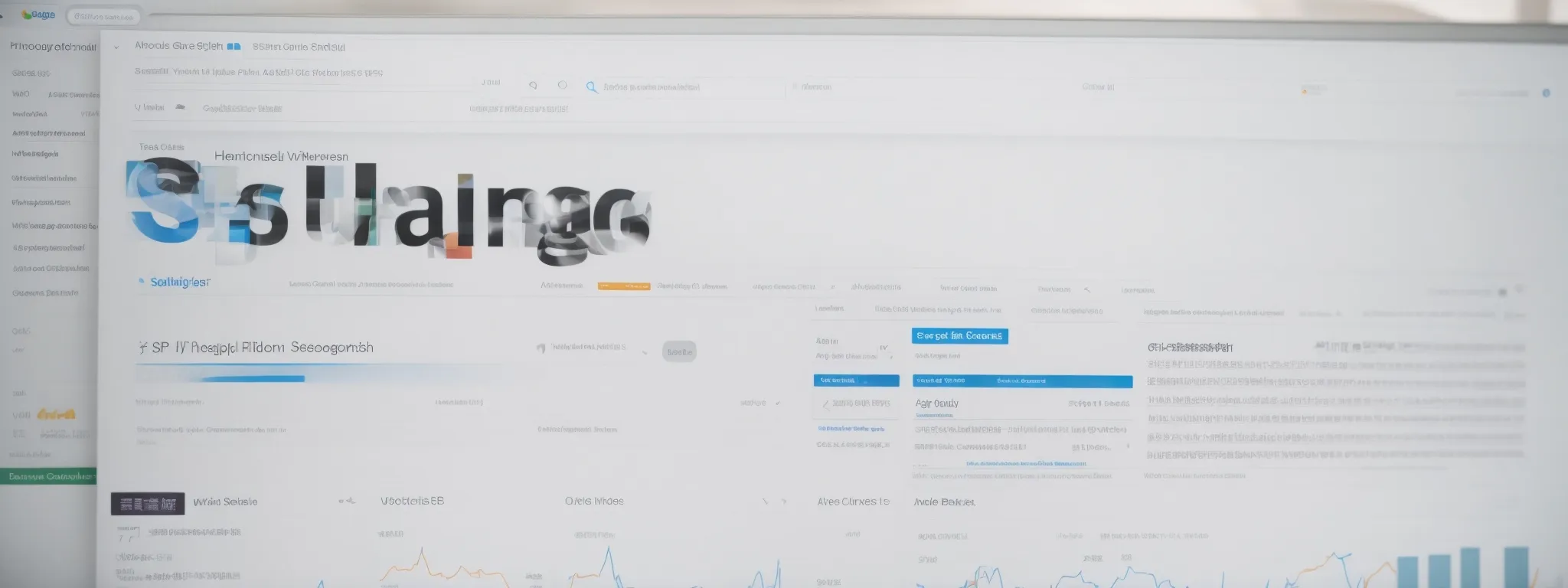 A blurry computer screen displays a web analytics dashboard with various charts, graphs, and text.