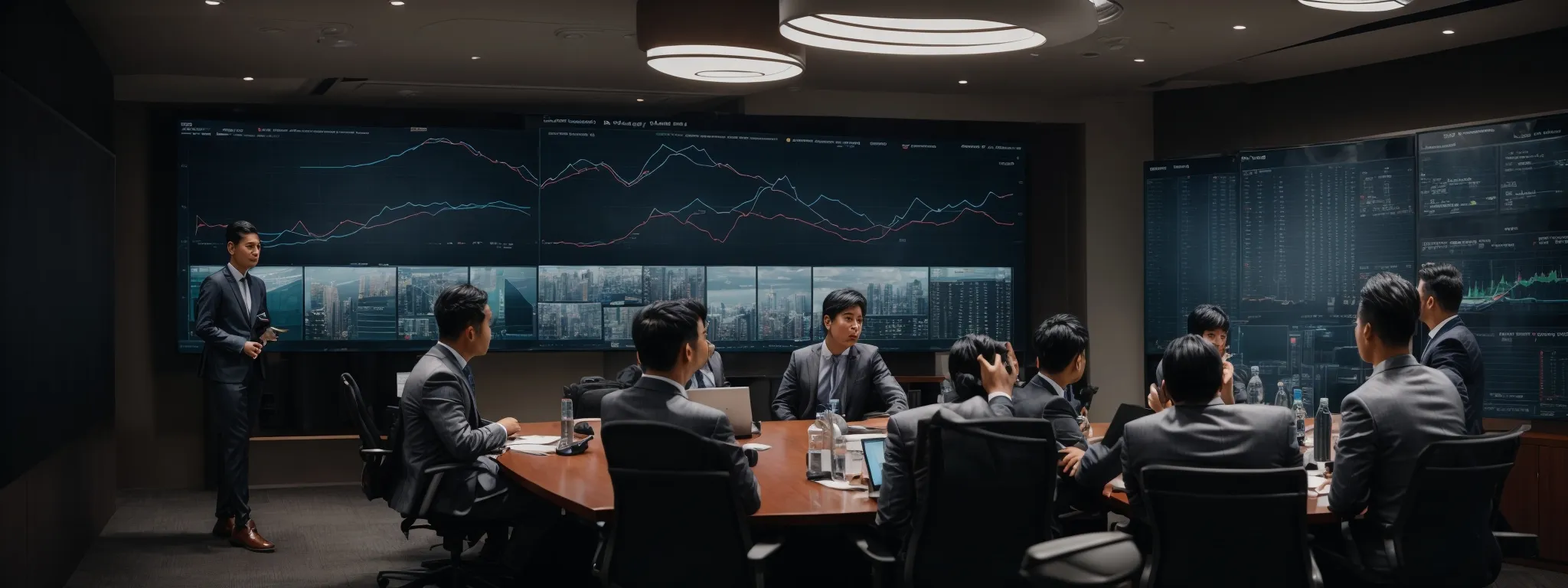 a conference room with a large screen displaying graphs of web traffic trends and a group of professionals in discussion.
