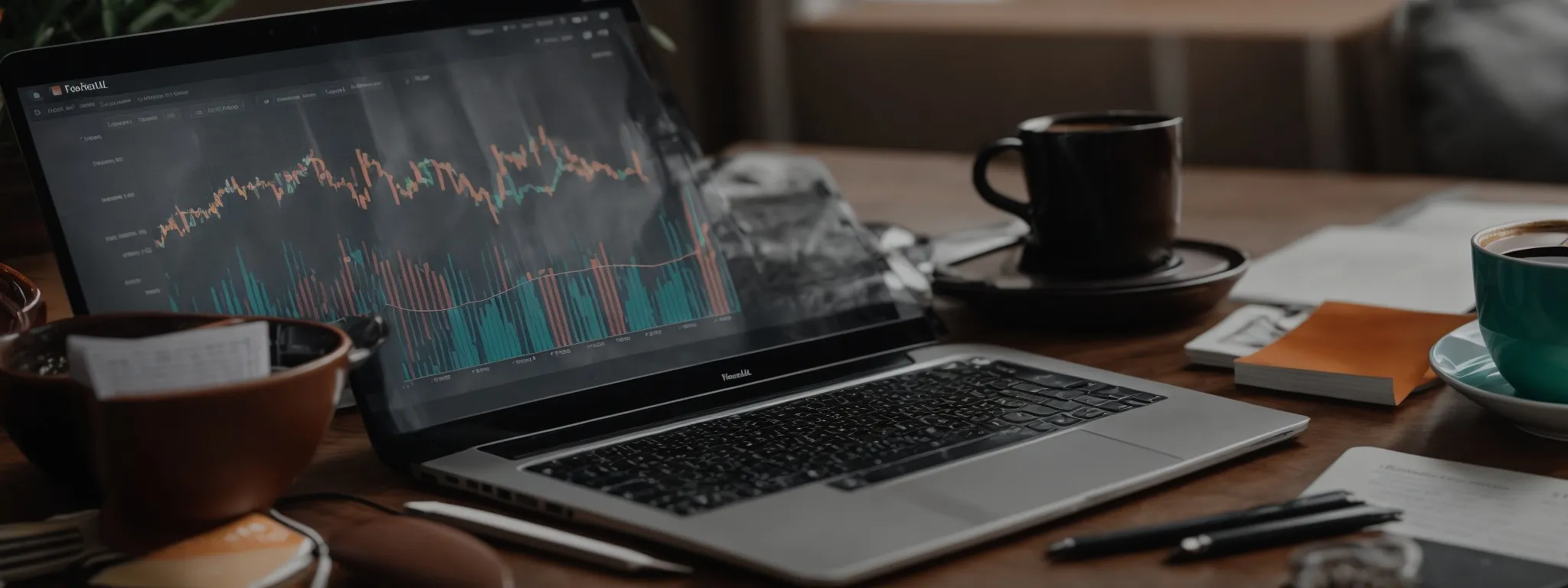 a laptop displaying colorful analytics graphs beside a notepad and a cup of coffee on a desk.