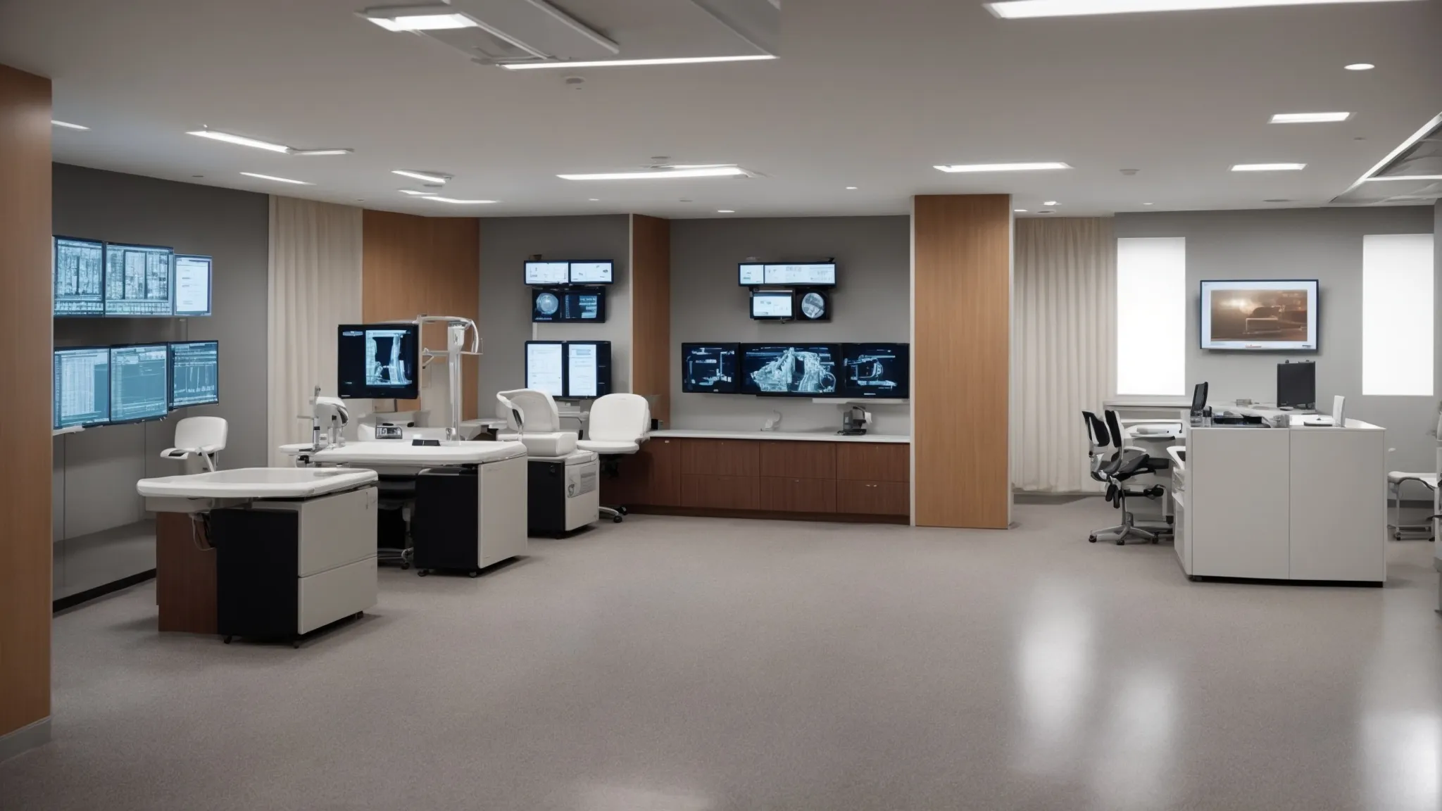 a modern orthopedic clinic with computers displaying spine and joint imaging.
