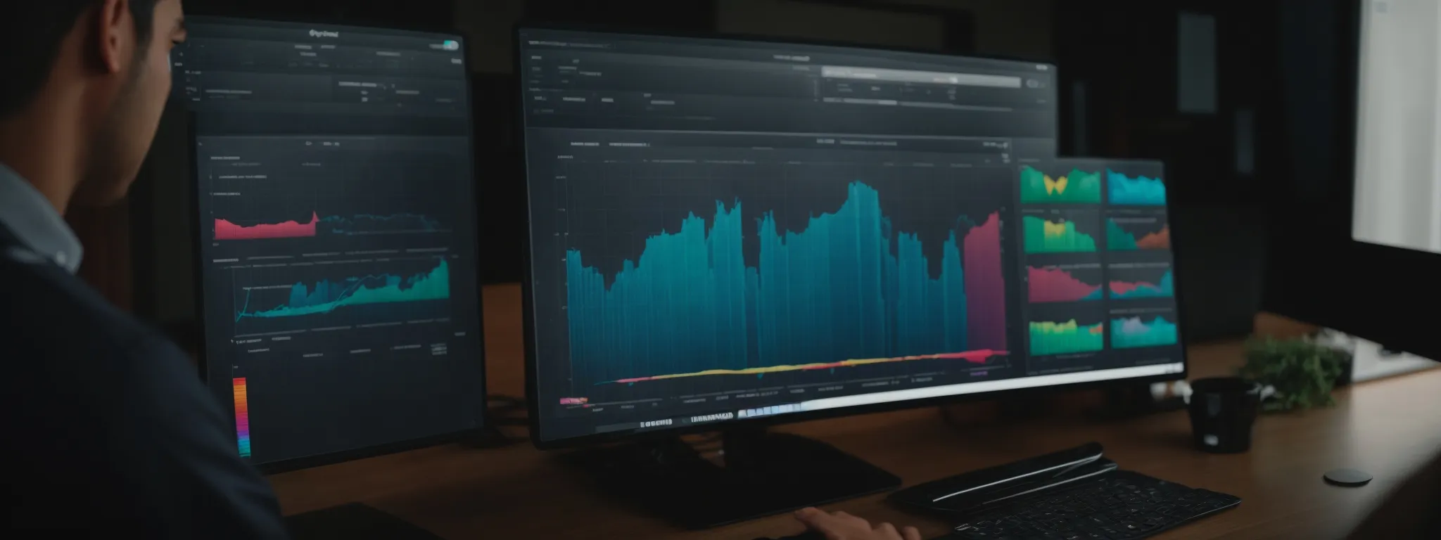 Person analyzing data visualizations on multiple computer monitors displaying colorful graphs and charts in a dimly lit office setting.