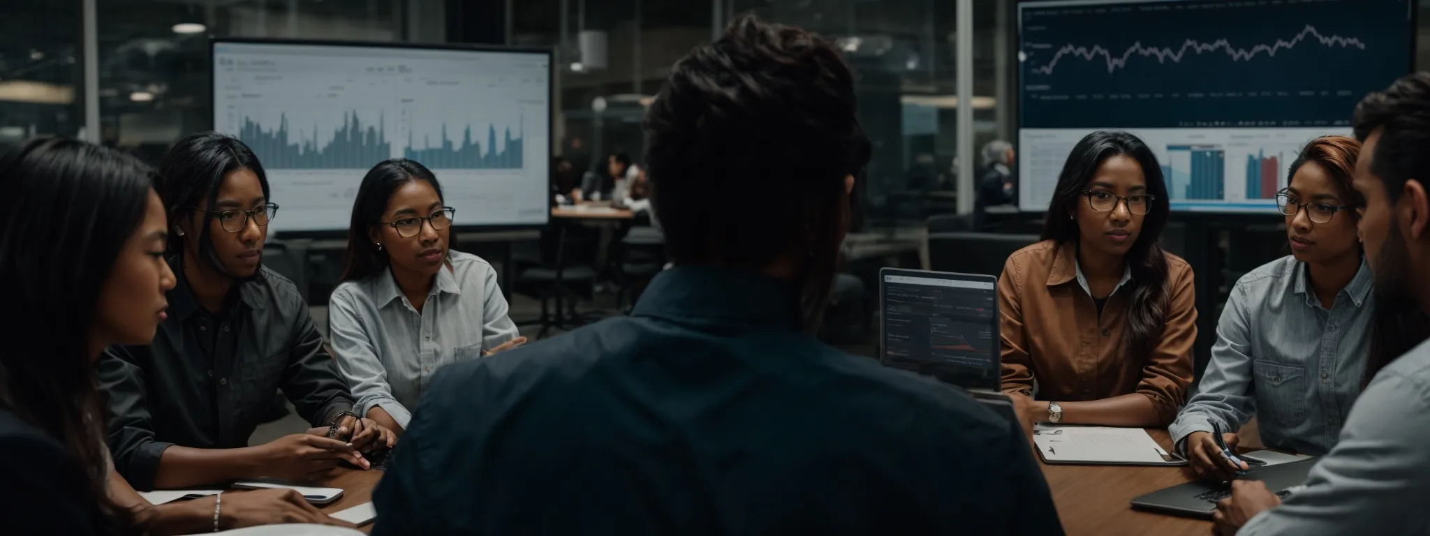 a diverse group of professionals sitting around a large table, each with a laptop, engaged in an active discussion over a shared screen displaying graphs and analytics.