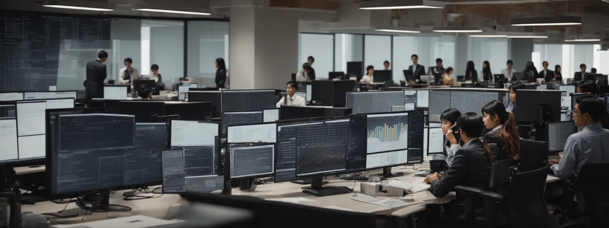 Large office with multiple people working at desks, each with several computer monitors displaying charts, graphs, and data in a modern, open-plan setting.