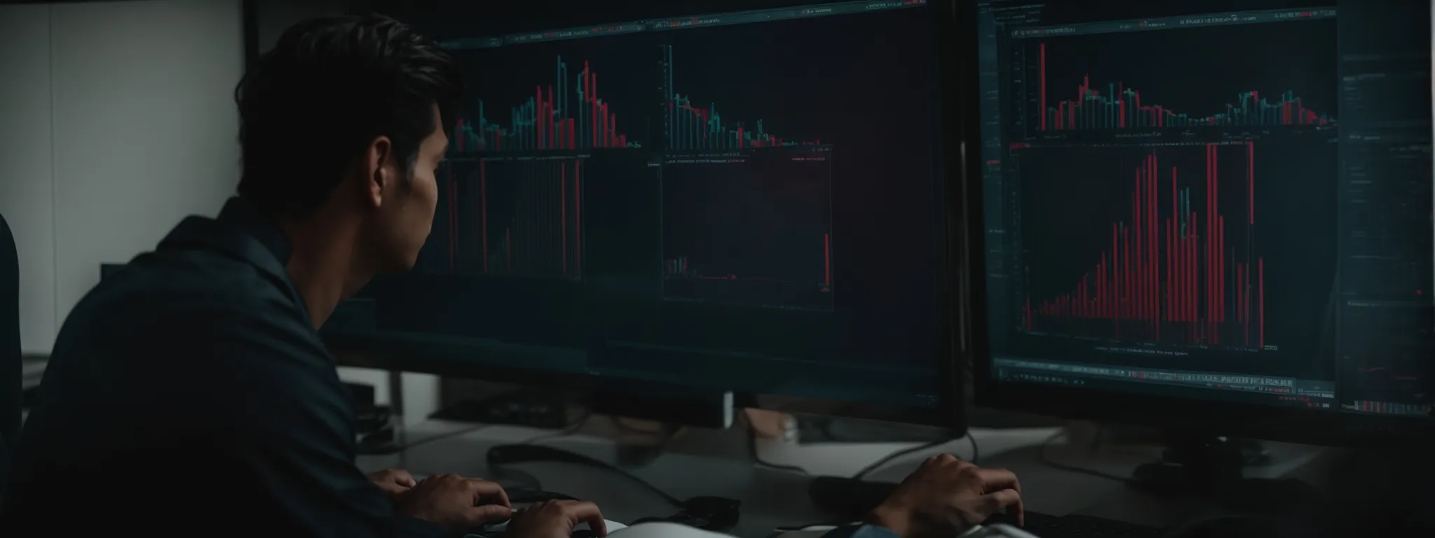 a digital marketing expert analyzing complex seo data on a large computer monitor in a modern office setting.