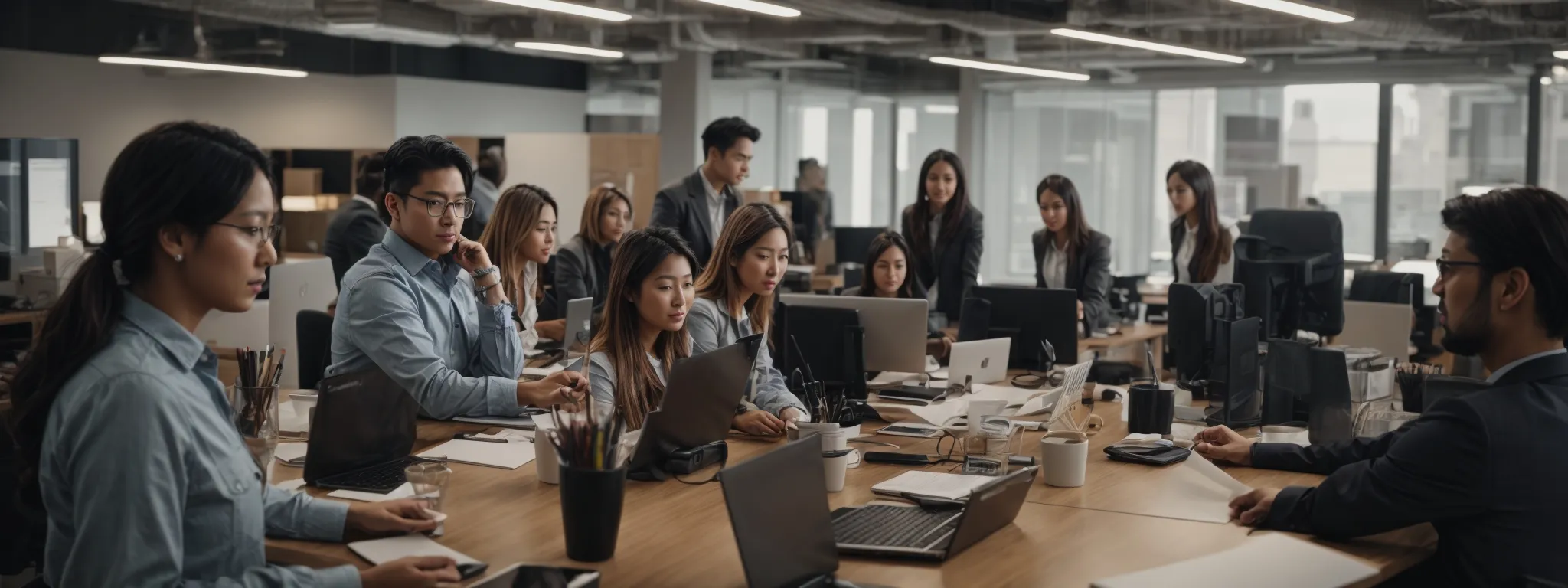 A group of people sits and stands around a large conference table with laptops, papers, and coffee cups in a modern office setting, engaged in a meeting.