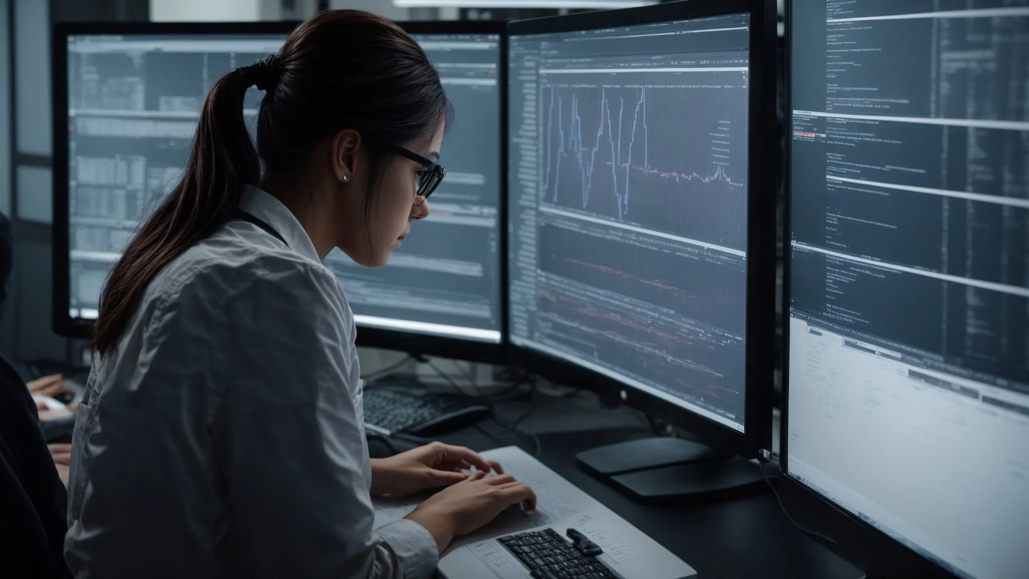 a person attentively analyzing data on multiple computer monitors displaying intricate website wireframes and development tools.