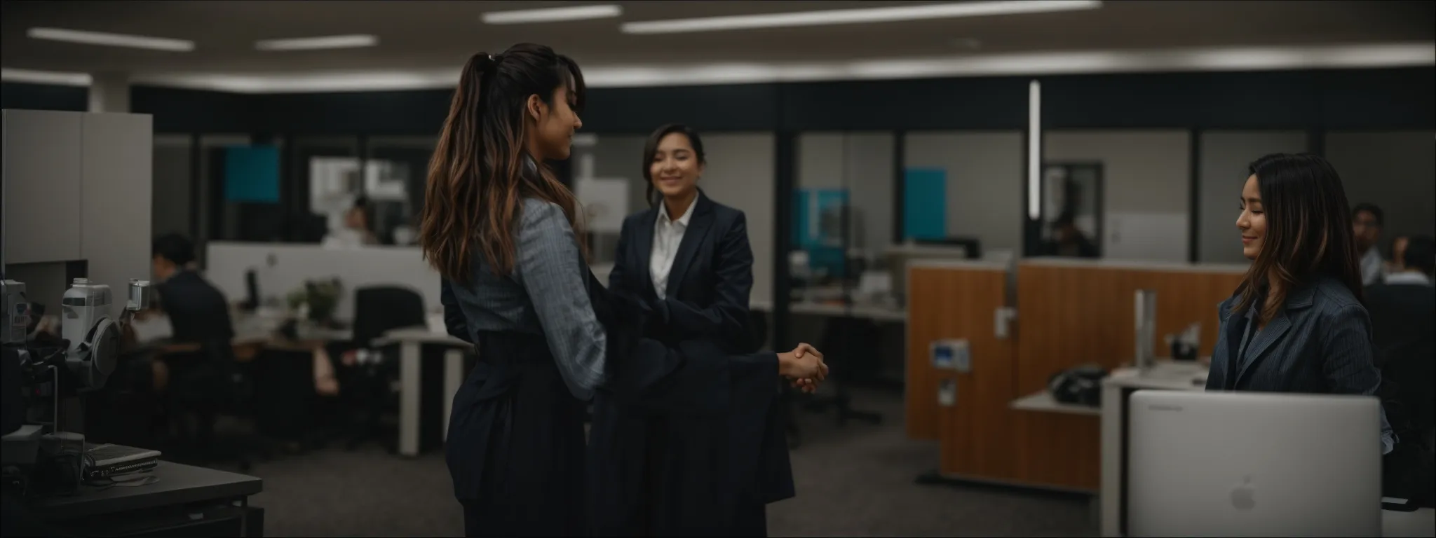 Three women in business attire are having a conversation in a modern open-plan office, with desks, computers, and other employees visible in the background.