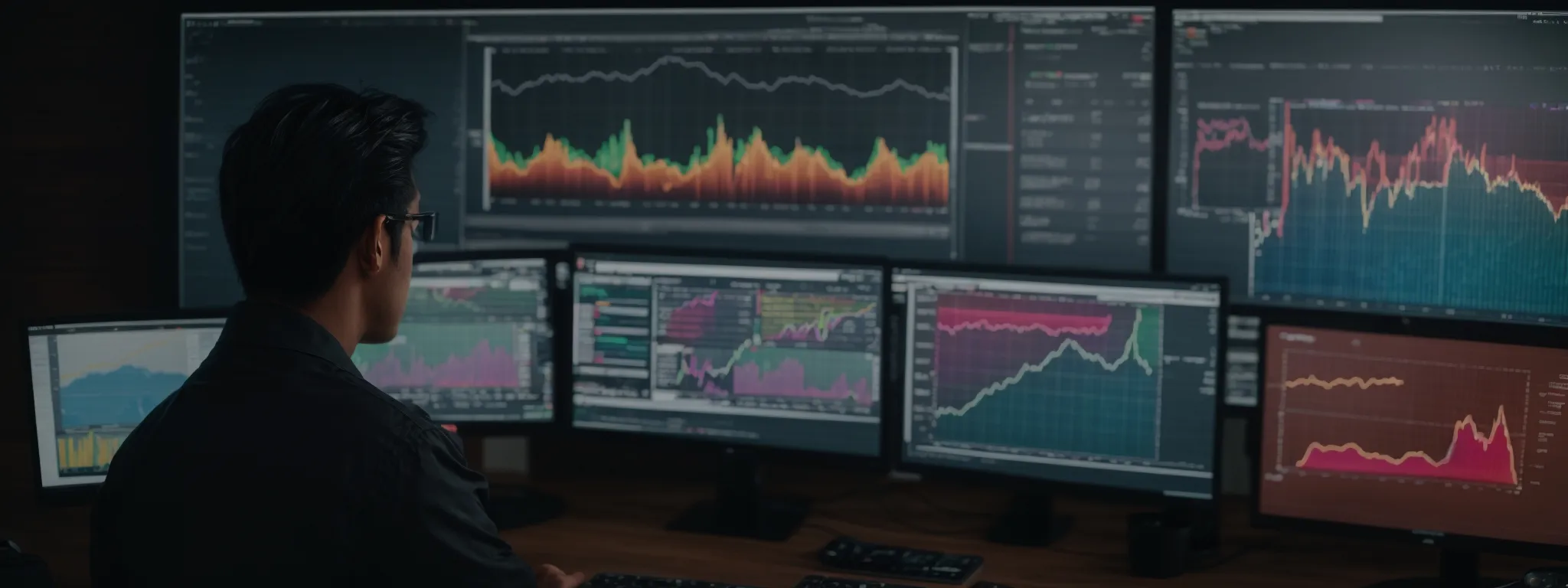 A person sits at a desk monitoring multiple computer screens displaying financial charts and stock market data.