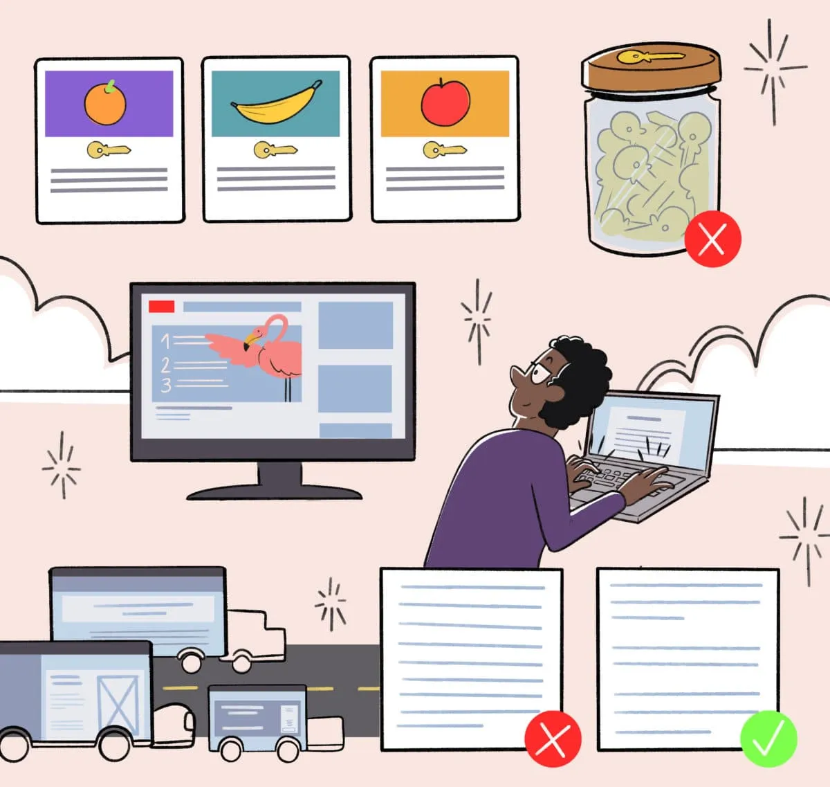 Illustration of a person optimizing content with keywords, showing best practices like using relevant keywords and avoiding keyword stuffing