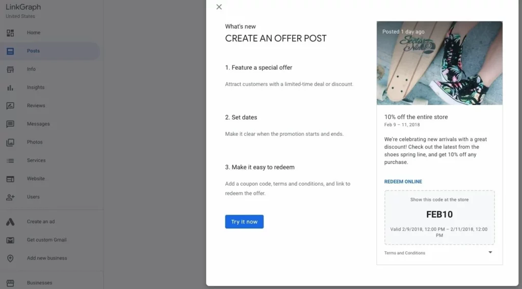 Google Business dashboard showing how to create an offer post with discount details and promo code