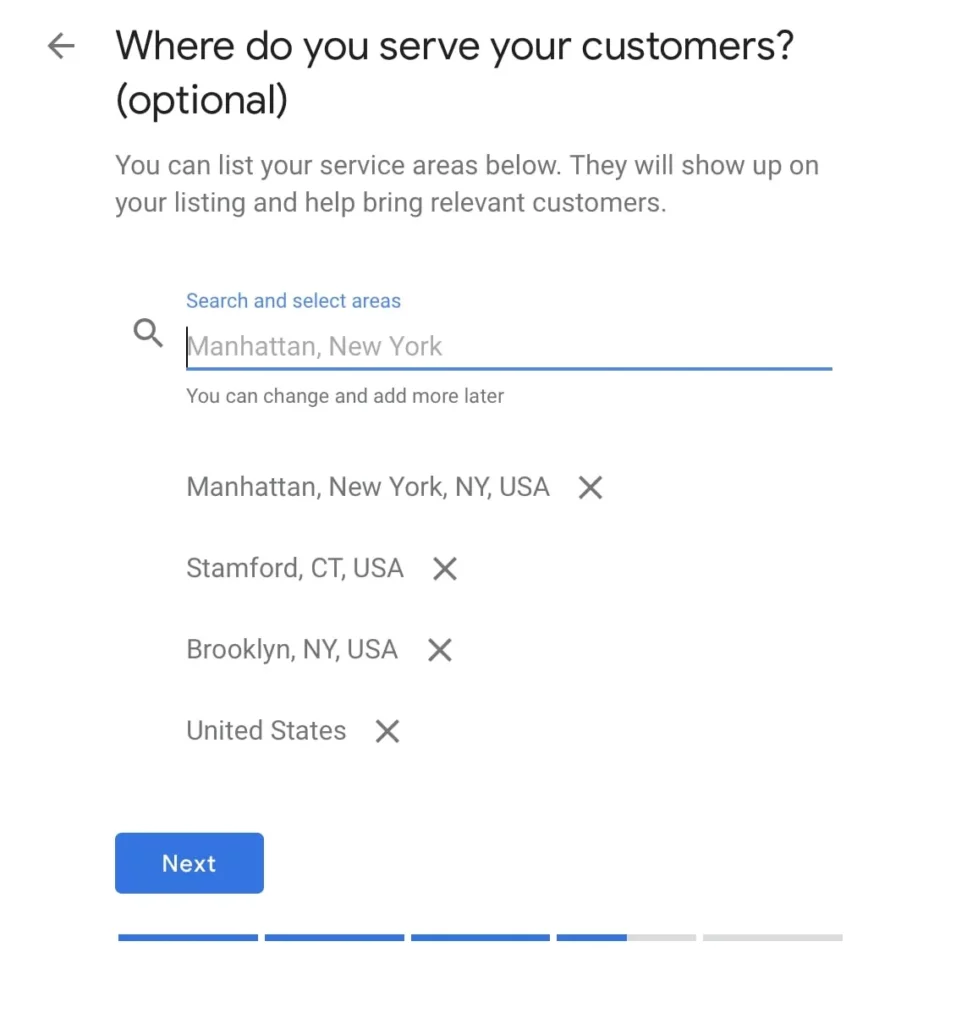 Google Business profile screen for selecting service areas including Manhattan, Stamford, Brooklyn, and United States