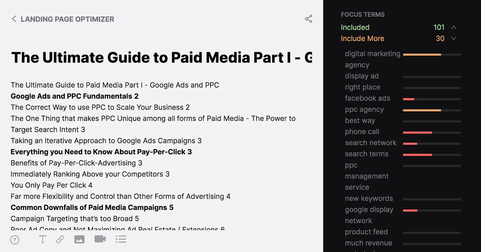 Screenshot of a digital document titled "The Ultimate Guide to Paid Media Part I," featuring a table of contents on the left and a focus term analysis panel on the right—ideal for mastering content development strategies.