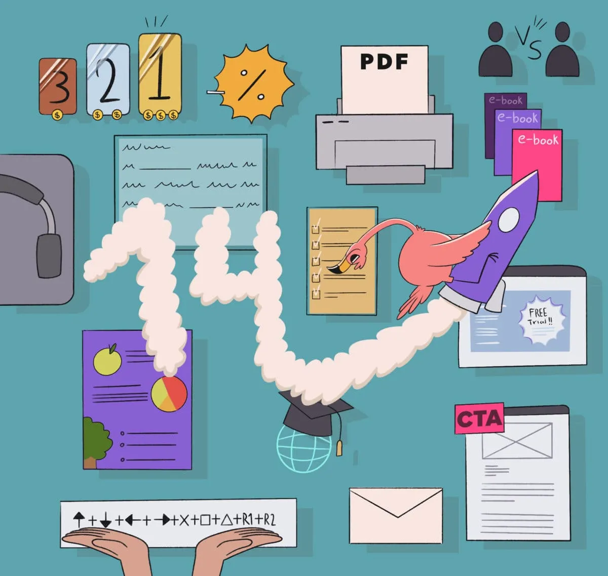 Illustration of lead generation strategies featuring a flamingo on a rocket, call-to-action forms, PDFs, pricing tiers, e-books, email campaigns, and digital assets