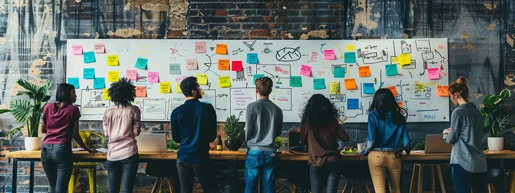 Team of professionals brainstorming and organizing ideas with sticky notes on a whiteboard for SEO and project planning.