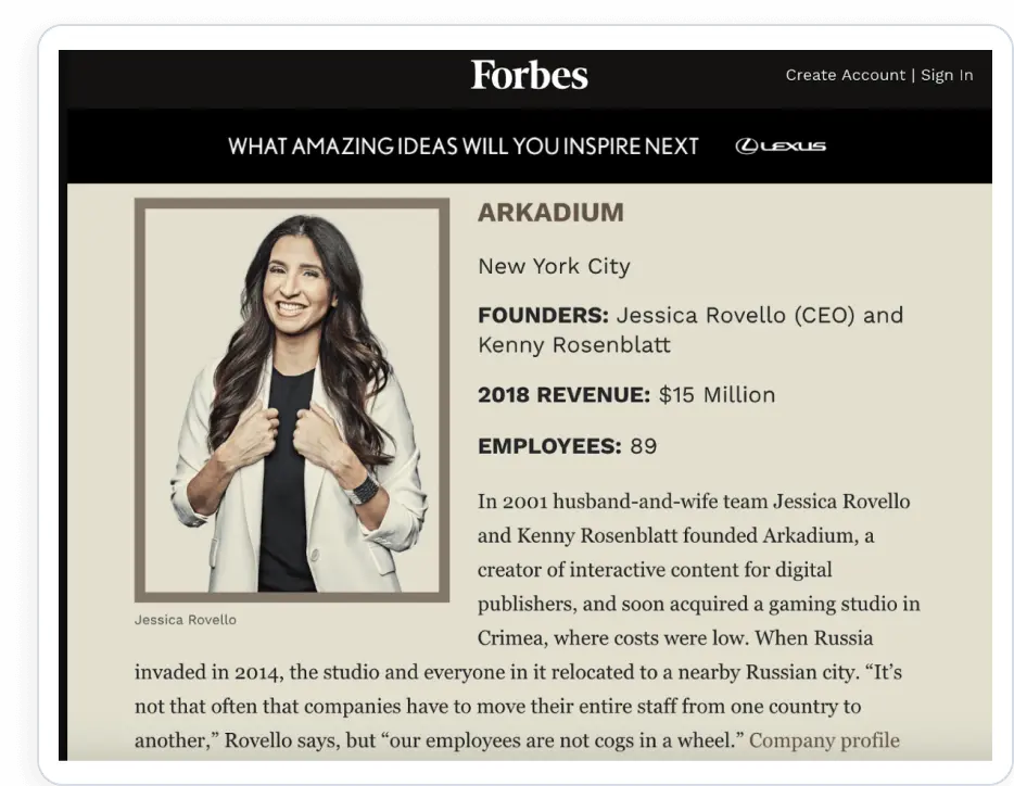 Forbes profile on Arkadium featuring Jessica Rovello, company revenue, employee count, and founding story
