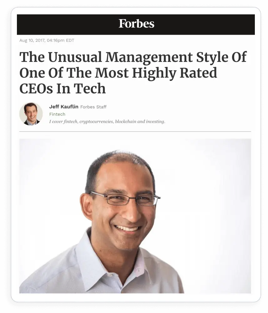 Forbes article titled The Unusual Management Style Of One Of The Most Highly Rated CEOs In Tech featuring a smiling CEO