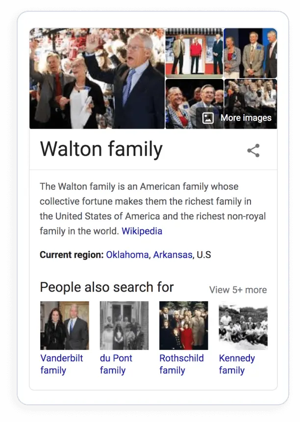 Google knowledge panel showing information about the Walton family with related family searches